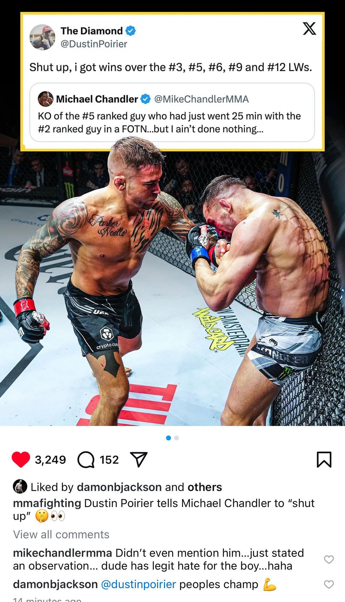 Dustin Poirier hace un mate sobre Michael Chandler después de celebrar su pasada victoria sobre Dan Hooker: 'Cállate'