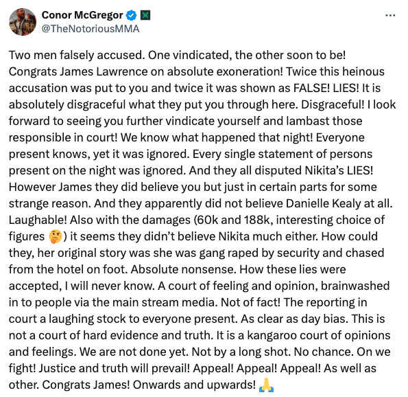 Conor McGregor reafirma su inocencia en una declaración de seguimiento después de ser declarado responsable de agresión sexual.