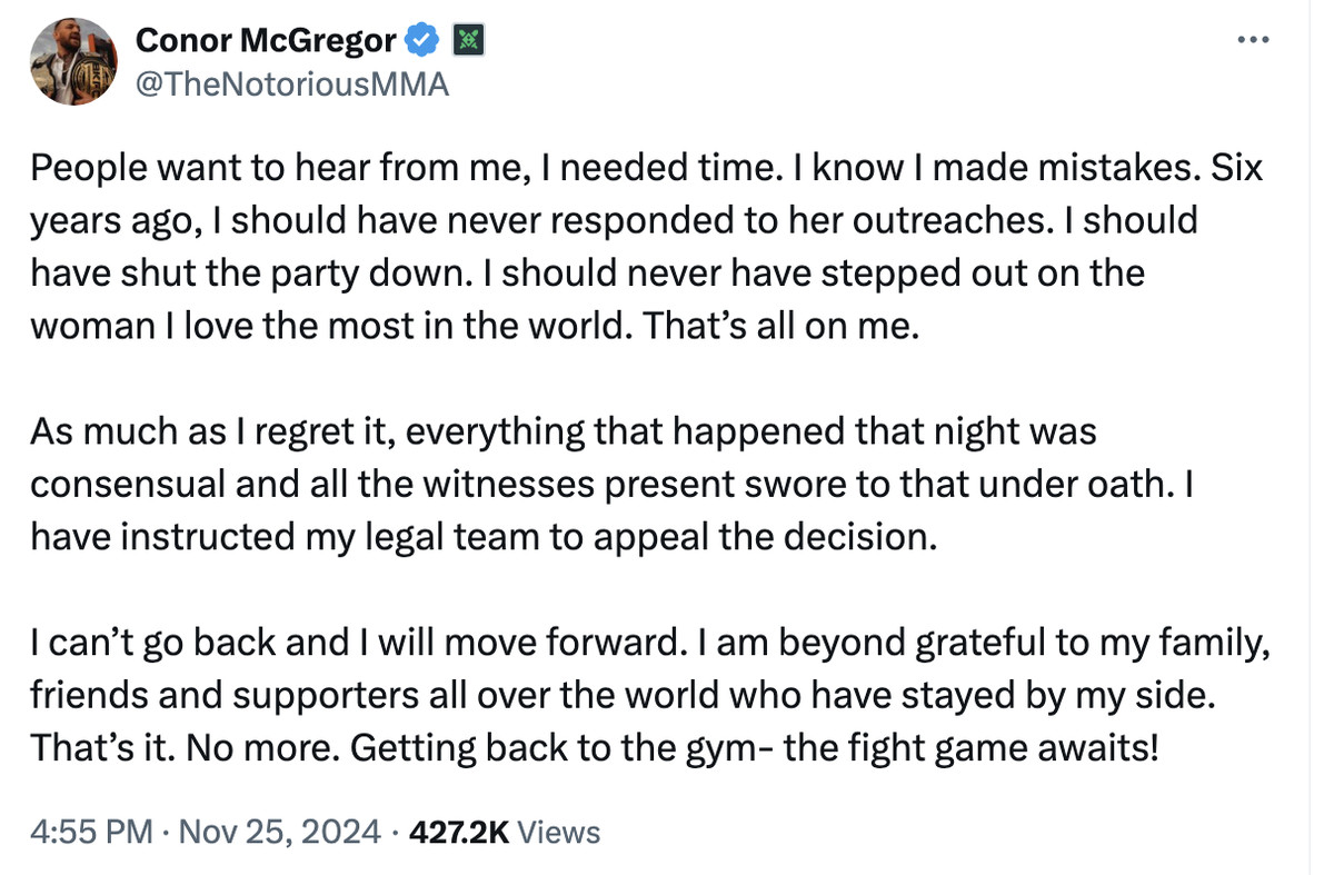 Conor McGregor lamenta su infidelidad pero promete apelar el veredicto en el caso civil de agresión sexual