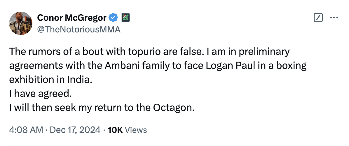 Conor McGregor afirma que realizará una exhibición de boxeo contra Logan Paul en India